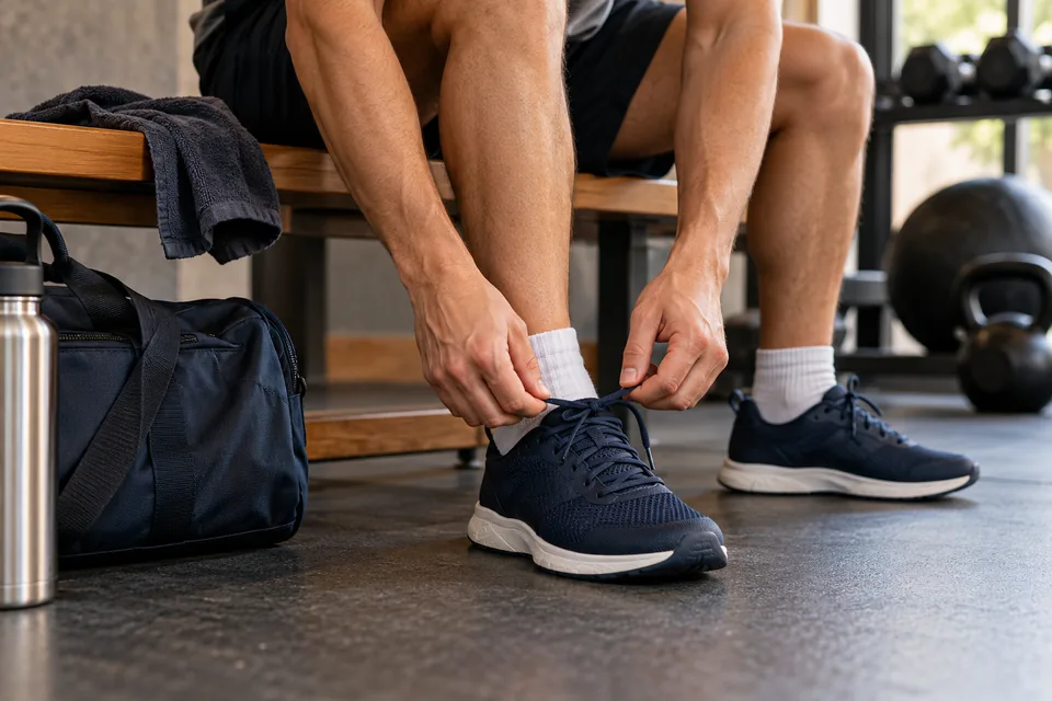 Una persona se ata las zapatillas antes de entrenar.