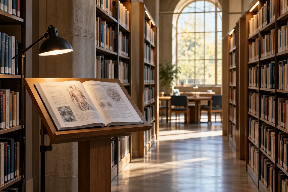 Estanterías y un libro abierto en una biblioteca tranquila.