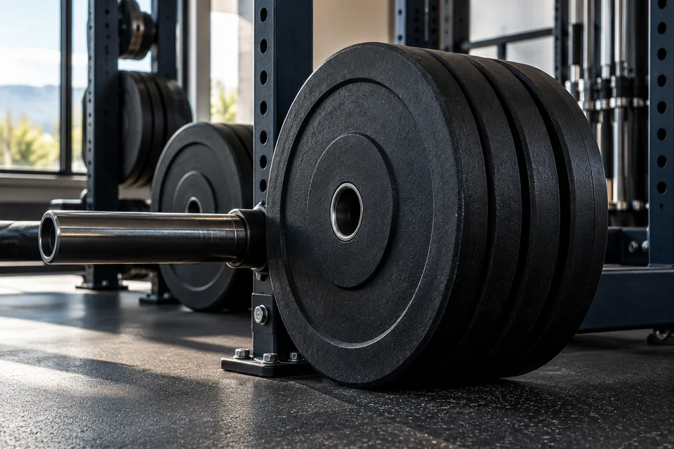 Discos de pesas y una barra en un gimnasio luminoso.