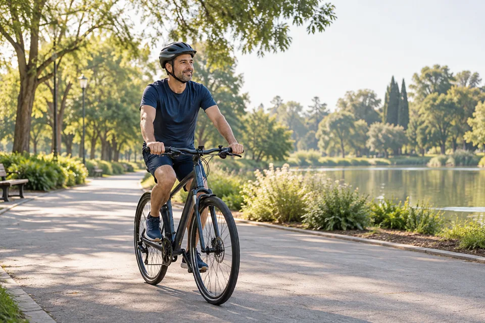 Una persona adulta con casco circula en bicicleta por un parque.