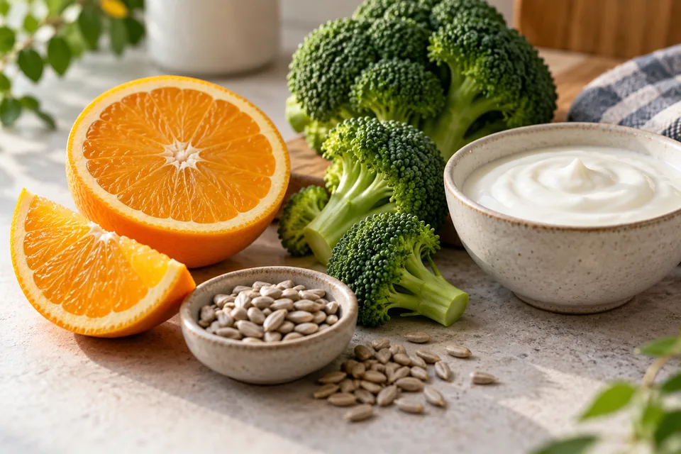 Naranja, brócoli, semillas de girasol y yogur natural.