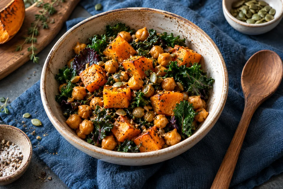 Un cuenco de garbanzos, calabaza y verduras sobre un mantel azul.
