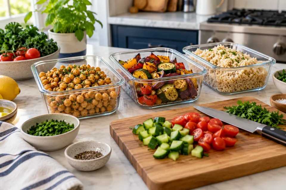 Recipientes con legumbres, verduras y arroz preparados en una cocina.
