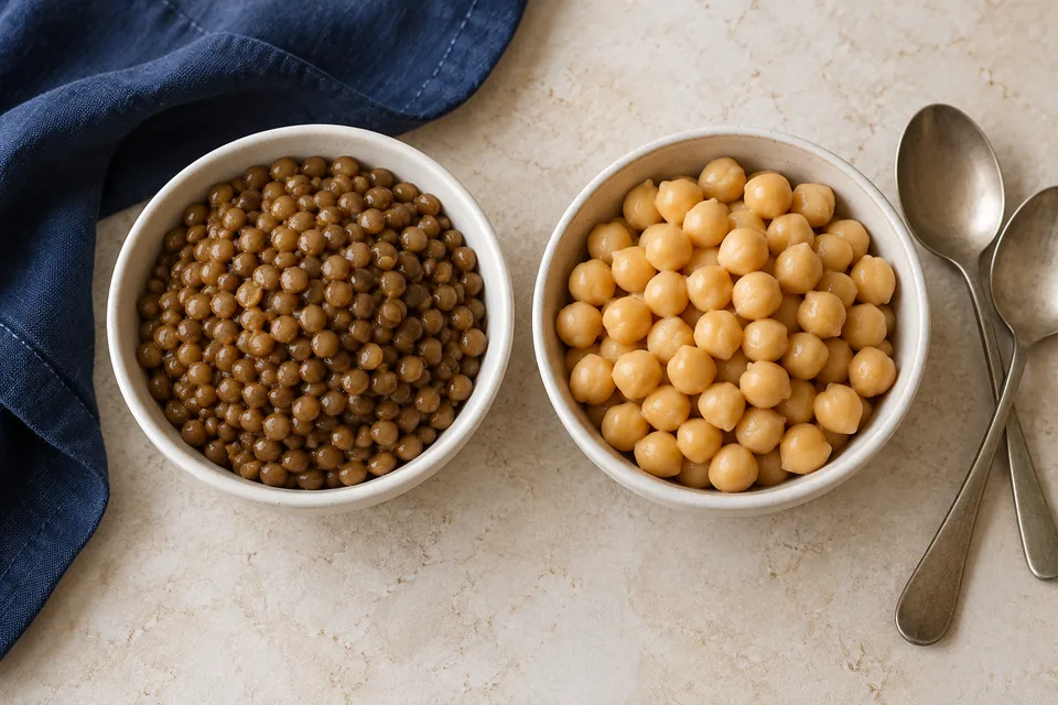 Dos cuencos, uno de lentejas y otro de garbanzos.