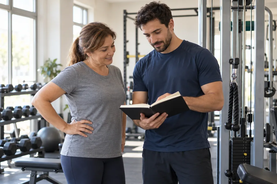 Dos personas adultas consultan un cuaderno en un gimnasio.