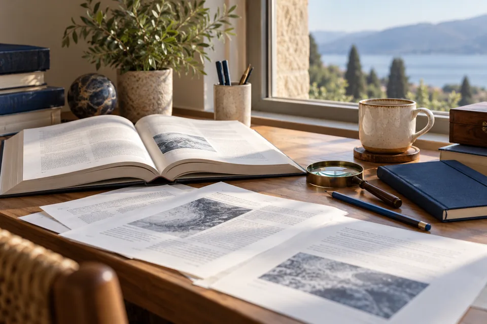 Libros y documentos de lectura sobre una mesa junto a una ventana.