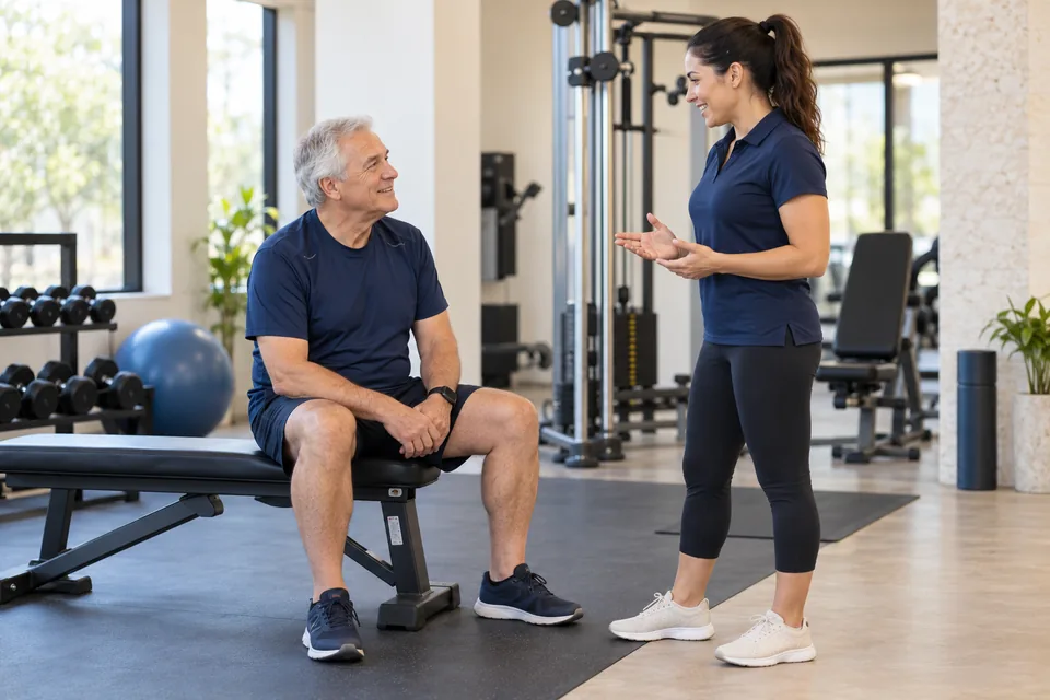 Dos personas adultas, una de ellas mayor, conversan en un gimnasio.