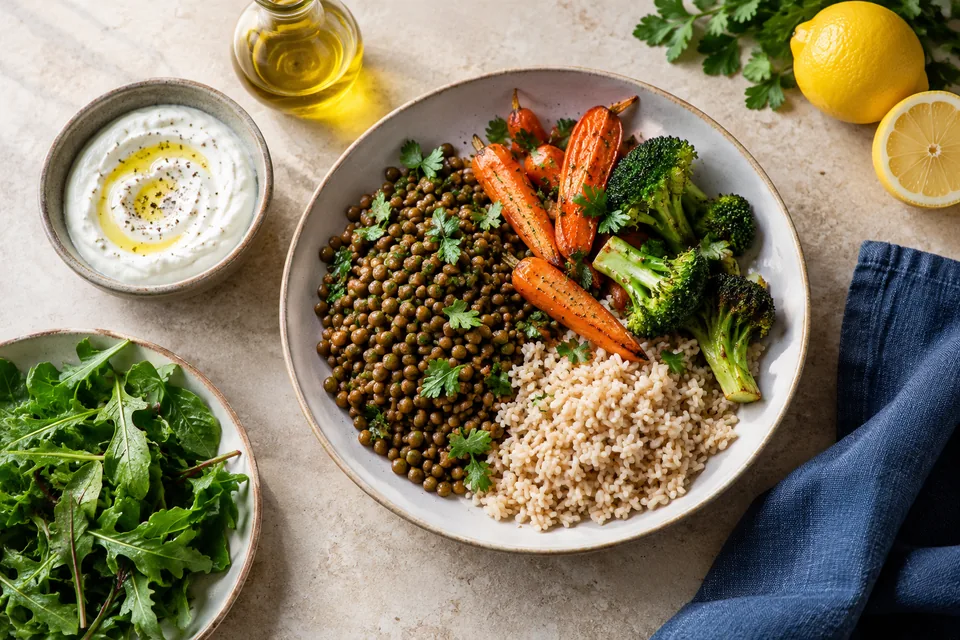 Lentejas, arroz y verduras junto a yogur y aceite de oliva.