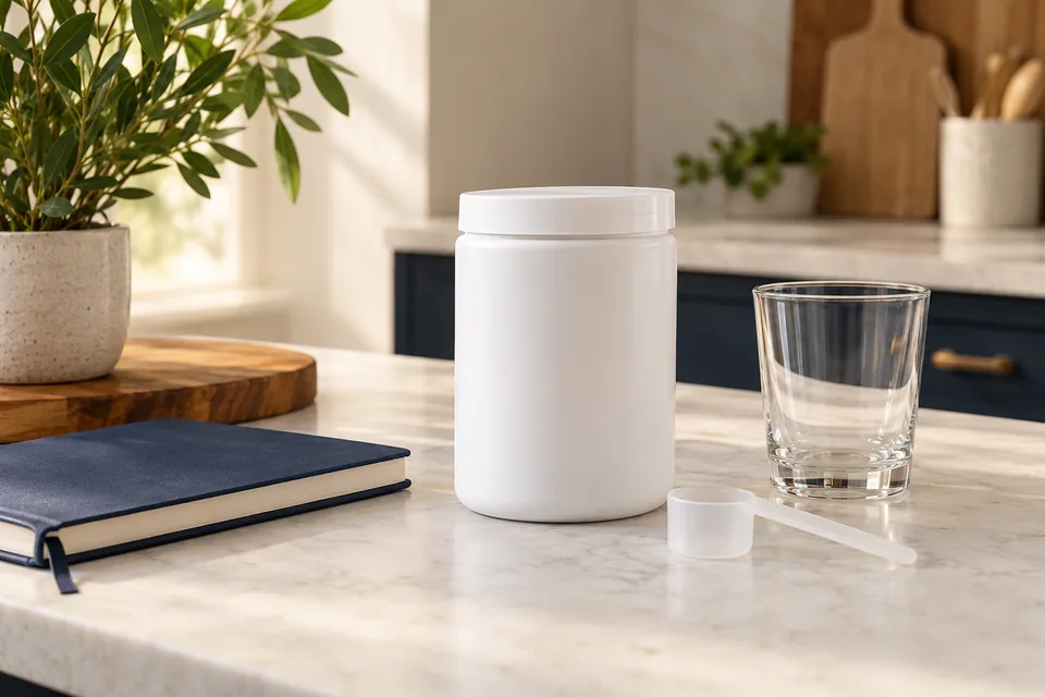 Un envase neutro sin marca junto a un vaso y un cuaderno.