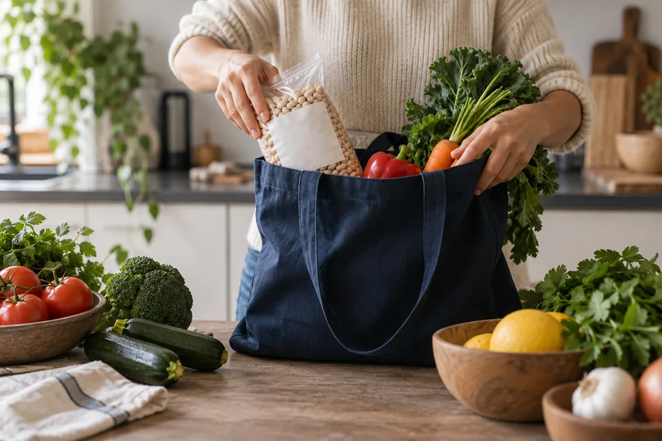 Una persona coloca verduras y legumbres en una bolsa de compra reutilizable.