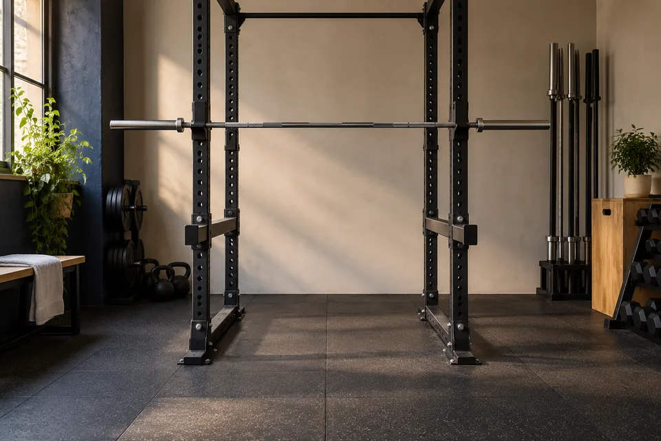 Soporte de sentadillas vacío con barra y apoyos de seguridad.