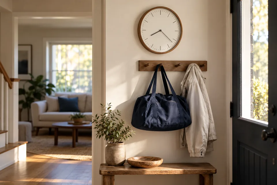 Reloj de pared y una bolsa de gimnasio preparada en la entrada de una casa.
