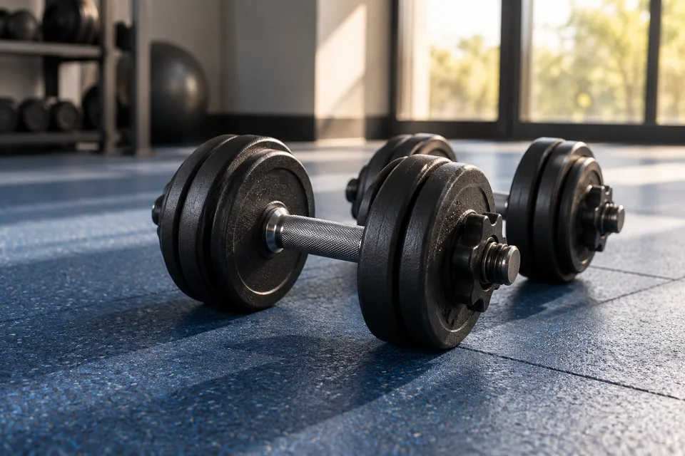 Dos mancuernas ajustables sobre el suelo de un gimnasio.