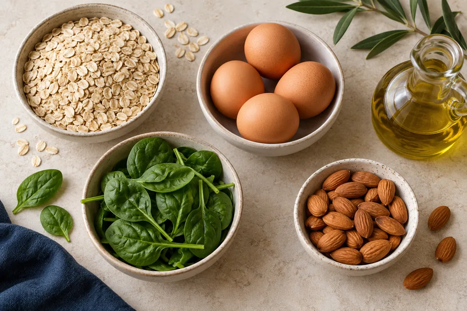Avena, huevos, aceite de oliva, espinacas y almendras.
