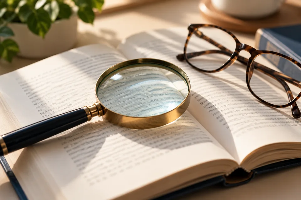 Una lupa y unas gafas sobre un libro abierto.