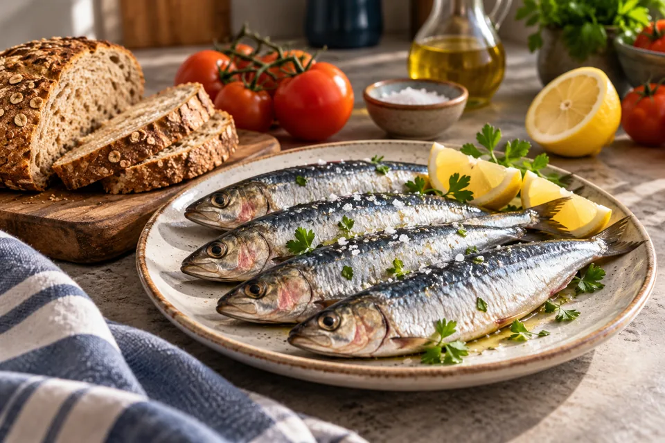 Sardinas, pan integral, tomates y limón sobre una encimera.