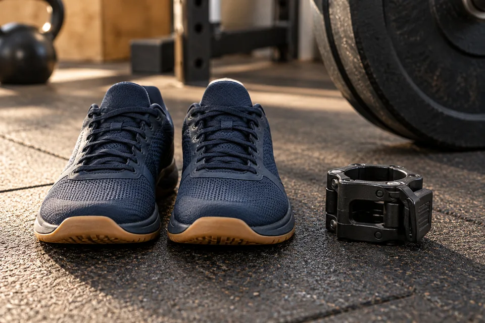 Zapatillas y un collar de seguridad para pesas sobre el suelo de un gimnasio.