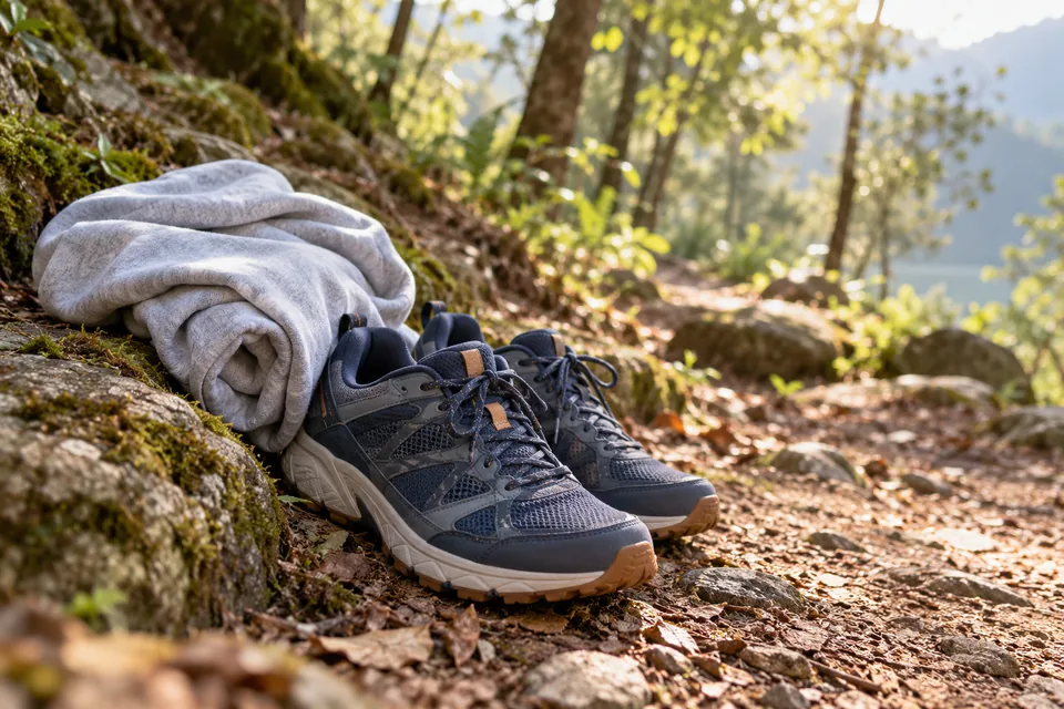 Zapatillas de paseo y una prenda junto a un sendero arbolado.
